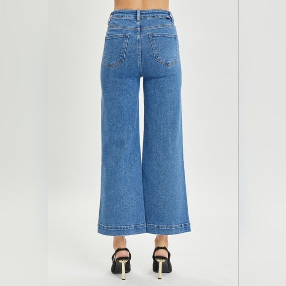 RISEN High-Rise Waist Blue Jeans Retro Wide Leg Front Seam Boyfriend Denim Pants - Picture 7 of 16